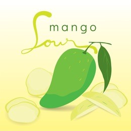 isolated green mango, mango slices and hand drawn text " sour " on the gradient light background