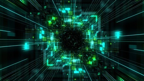 abstract futuristic sci fi warp tunnel with particle grid. graphic for data center, server, internet, speed. futuristic big data visualisation, hi tech background. 3d rendering.