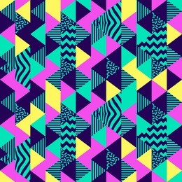 seamless pattern with multicolor triangle geometric shapes on dark background. retro vintage abstract art print. fashion 80s-90s. memphis style design. wallpaper, cloth design, fabric, paper, textile.