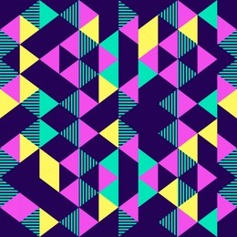 seamless pattern with multicolor triangle geometric shapes on dark background. retro vintage abstract art print. fashion 80s-90s. memphis style design. wallpaper, cloth design, fabric, paper, textile.