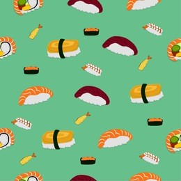 vector seamless sushi pattern. japanese food with colorful background.