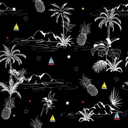 summer trendy dark seamless outline  island pattern on black background. landscape with palm trees,beach and ocean vector hand drawn style.