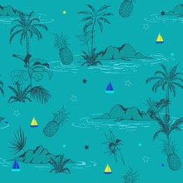 trendy seamless bight and colorful summer island pattern on green mint background. landscape with palm trees,beach and ocean vector hand drawn style.