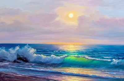 morning on sea, wave, illustration, oil painting paints on a canvas.