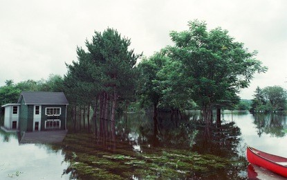 canadian lake house with a red canoe on the side. 