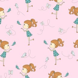 seamless pattern with cute cartoon little girl and butterflies.