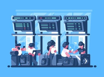 checking and check-in of baggage for flight. queue for registration. vector illustration