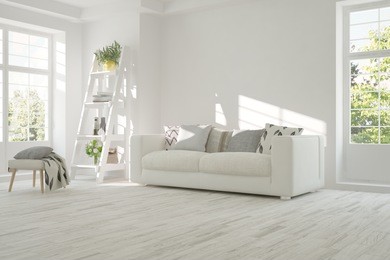 white room with sofa and green landscape in window. scandinavian interior design. 3d illustration