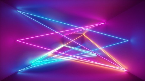 3d rendering, neon lights, laser show, glowing lines, abstract fluorescent background, optical illusion, room, corridor, night club interior