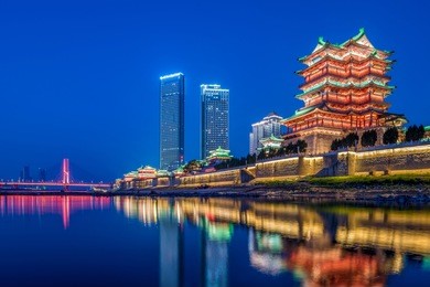 the famous ancient chinese architecture, the night view of the pavilion of prince teng in nanchang  