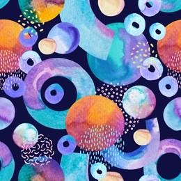 artistic seamless pattern: geometric shapes - circles, arcs, rings, minimal grunge elements, doodle. hand painted watercolor illustration for abstract design. art watercolour background