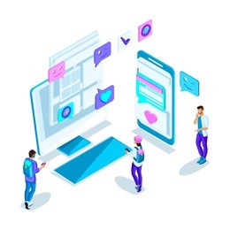isometrics young people, communication on the internet with different people, correspondence, acquaintance through the internet. bright holographic design.