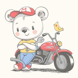 cute bear near the motorcycle cartoon hand drawn vector illustration. can be used for t-shirt print, kids wear fashion design, baby shower invitation card.