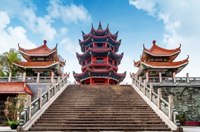 the famous chinese classical architecture is located on the bank of the jiulong river, weizheng pavilion, zhangzhou, fujian.