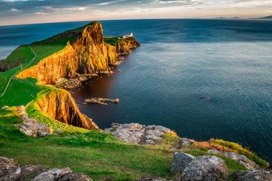 the neist point lighthouse at dusk, scotland, uk