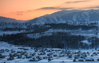 hemu village at sunrise in xinjiang, china, kanas