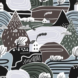 the seamless colorful pattern with mountains, hills, valleys and houses. scandinavian landscape.