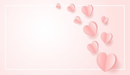 happy wedding postcard with love symbol paper art flying elements on white pink background. women's, birthday, mother's day, anniversary greeting card design. eps10 vector illustration