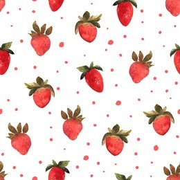 seamless pattern with isolated hand drawn red strawberry.  illustrarion with berries and strawberry slices in watercolor. 