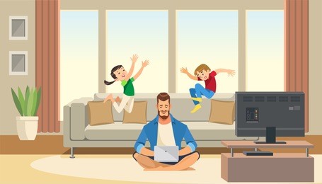 children play and jump on sofa behind working business father. work life balance concept with fun cartoon characters. vector illuctration of parent and children at living room modern interior.