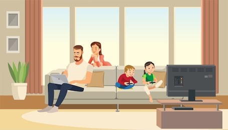 family at home. mother care about father, while children playing game console on tv. fun cartoon characters. vector illuctration of parents and children at living room modern interior.