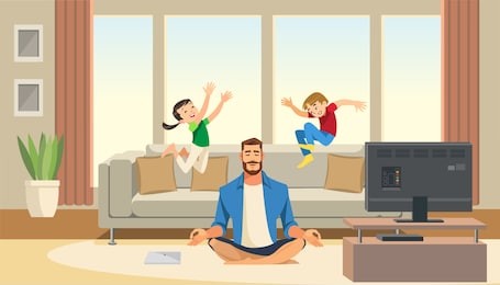 children play and jump on sofa behind calm and relaxing meditation father. home relax concept with fun cartoon characters. vector illuctration of parent and children at living room modern interior.