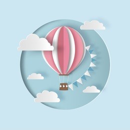 hot air balloon with bunting flags and clouds. paper cut art. vector illustration
