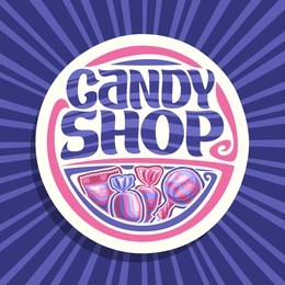 vector logo for candy shop, on round signage 4 wrapped sweets in pink and blue plastic package, original font for words candy shop, lollipop in striped wrap, fruit hard candies in glossy wrapping.