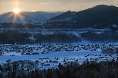 hemu village at sunrise in xinjiang, china, kanas