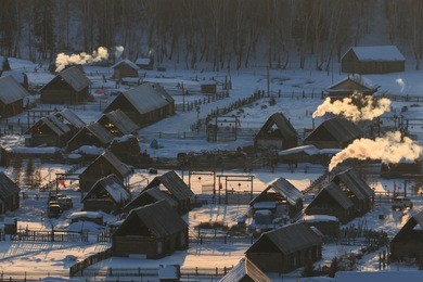 hemu village at sunrise in xinjiang, china, kanas