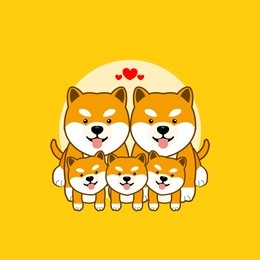 cute smiling shiba inu dogs sitting on the floor.  animal family cartoon with heart vector illustration.