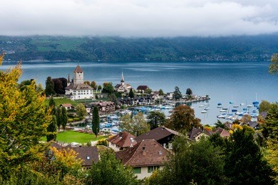 the bird's eye view of the spiez town of the switzerland.
