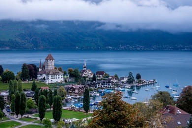 the bird's eye view of the spiez town of the switzerland.