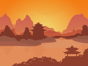 cartoon oriental chinese card poster landscape background tourism elements nature scene concept flat design. vector illustration of traditional panorama
