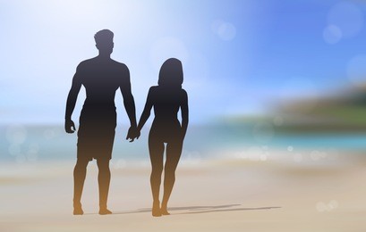 silhouette couple walking on beautiful beach holding hands seaside blurred background vector illustration