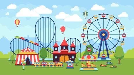 cartoon amusement park with circus, carousels and roller coaster