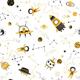 childish seamless pattern - space, spaceships and planets with stars. trendy kids vector background.