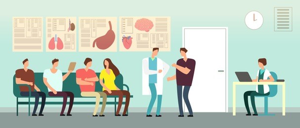 patients and doctor in hospital waiting room. disabled people at doctors office. healthcare vector concept. hospital and patient with doctor, interior medical clinic illustration