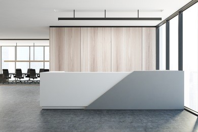 wooden wall office interior with a white and gray reception table and an open space area. 3d rendering mock up