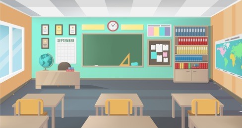 empty school class room with board desk, shelf, books, clock. modern vector illustration of school interior.