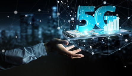 businessman on blurred background using 5g network with mobile phone 3d rendering