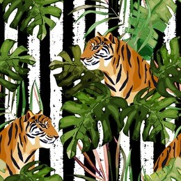summer seamless pattern. tropical print with tiger and palm leaves. vector illustration. watercolor style