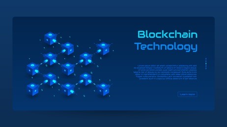 abstract blockchain isometric concept banner. modern concept of digital technology in the shape of block chain net. vector illustration.