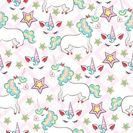 seamless pattern with unicorns, rainbow, caramel, pink, yellow, blue, turquoise shades on white background with geometric ornaments