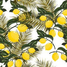 seamless pattern with lemons and palm leaves on the white background. bright summer design, vector illustration. .template for print, textile, wallpaper cover and box design.