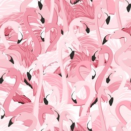 pink flamingos seamless pattern. random overlap exotic wading birds flock flamboyance. detailed beaks, necks, feather, body. standing posture. zoo bird park. vector design illustration.