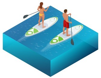 isometric paddleboard beach men and women on stand up paddle board surfboard surfing in ocean sea. water sport concept. active summer vacations with paddle board