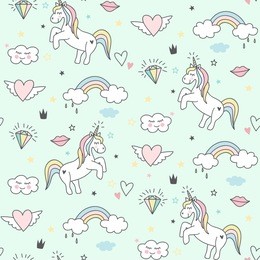 seamless cute unicorn pattern with stars, rainbow, clouds and hearts. magical baby background 