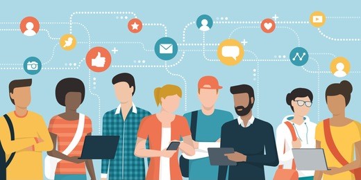 young people social networking and connecting together online: community and internet concept