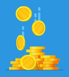 coins stack vector illustration, flat coin money stacked icon flat, golden penny cash pile, treasure heap isolated on color background